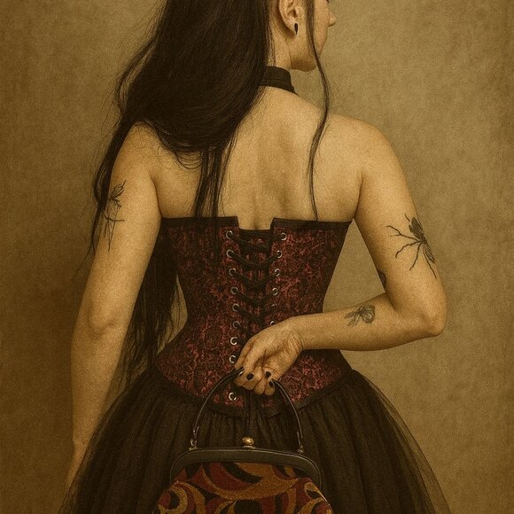 Goth Coquette Bustier Lace Up Corset 32 Blk Red Steampunk Victorian Style Witchy - Picture 1 of 10